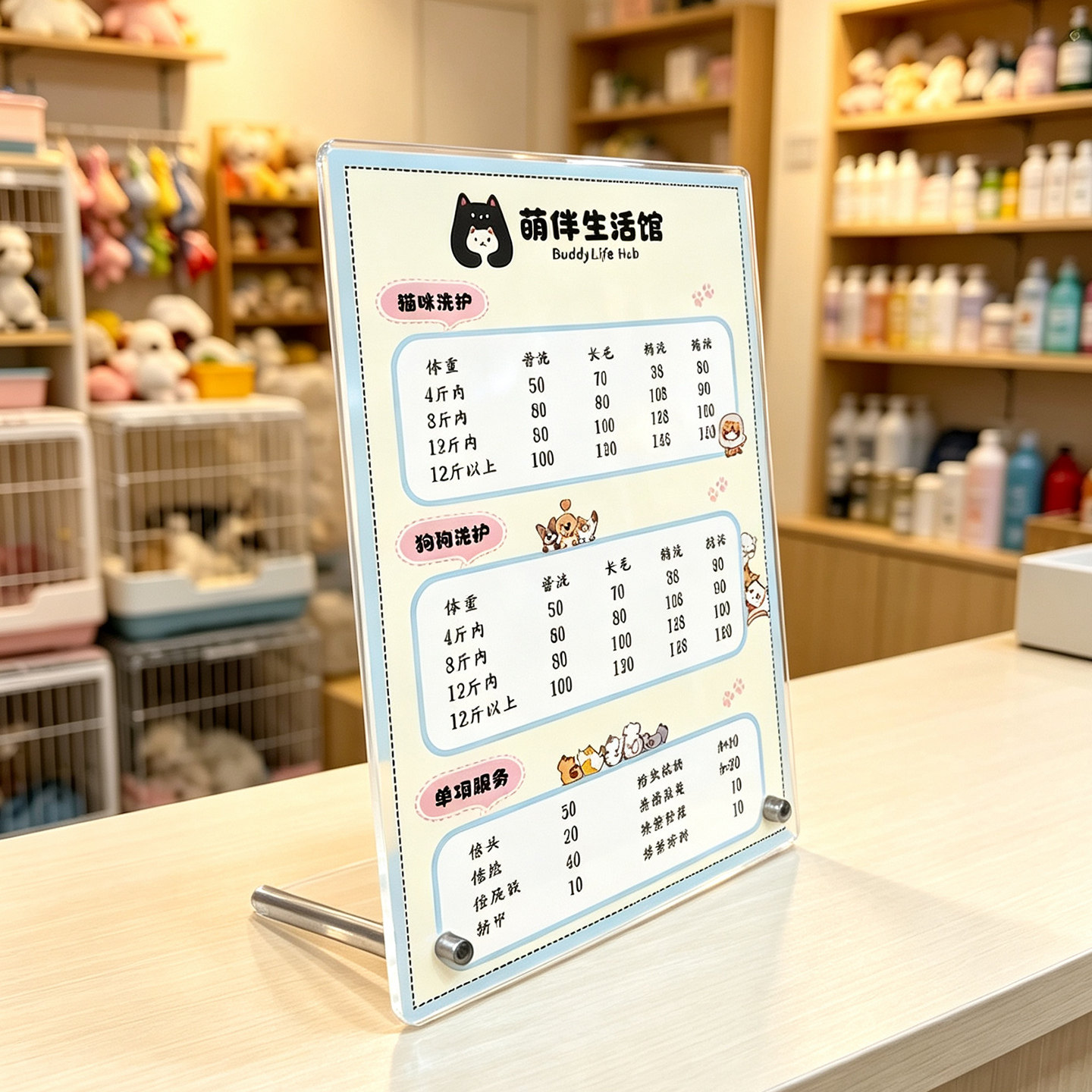 宠物美容院价目表台牌亚克力展示牌桌面立式菜单牌实木底座宠物立牌餐饮价格牌桌牌透明点菜单展示架台面图片
