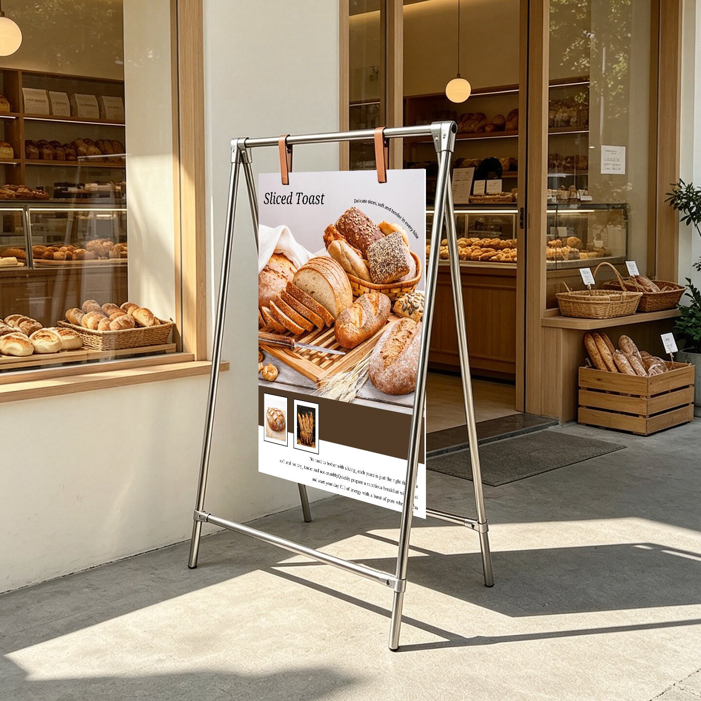 不锈钢双面广告牌立式现代展示架户外面包店铺宣传牌简约风标识牌图片