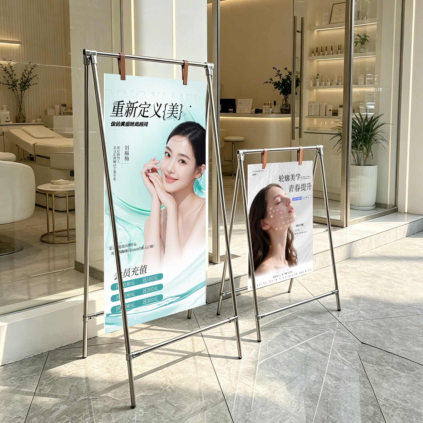 不锈钢美容立式广告牌双面落地展示架商场户外海报牌定制落地立牌