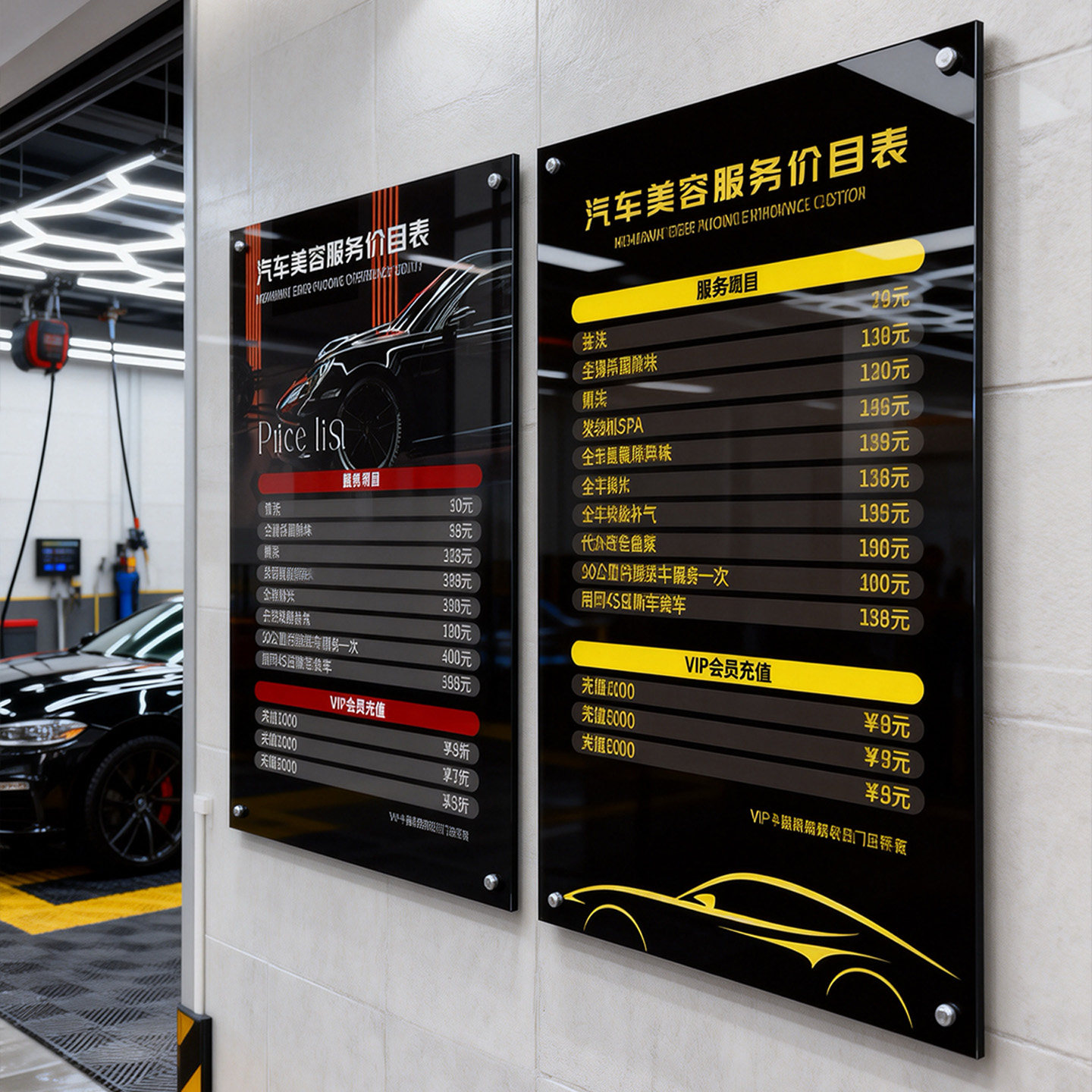 洗车店汽车美容保养维修项目价格表亚克力展示牌挂墙防水贴墙挂牌定制