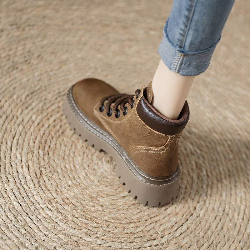 欧洲站复古真皮擦色系带马丁靴女2024年秋季新款松糕厚底百搭短靴,女鞋,马丁靴,淘宝优惠券,粉丝福利购,淘宝优惠卷