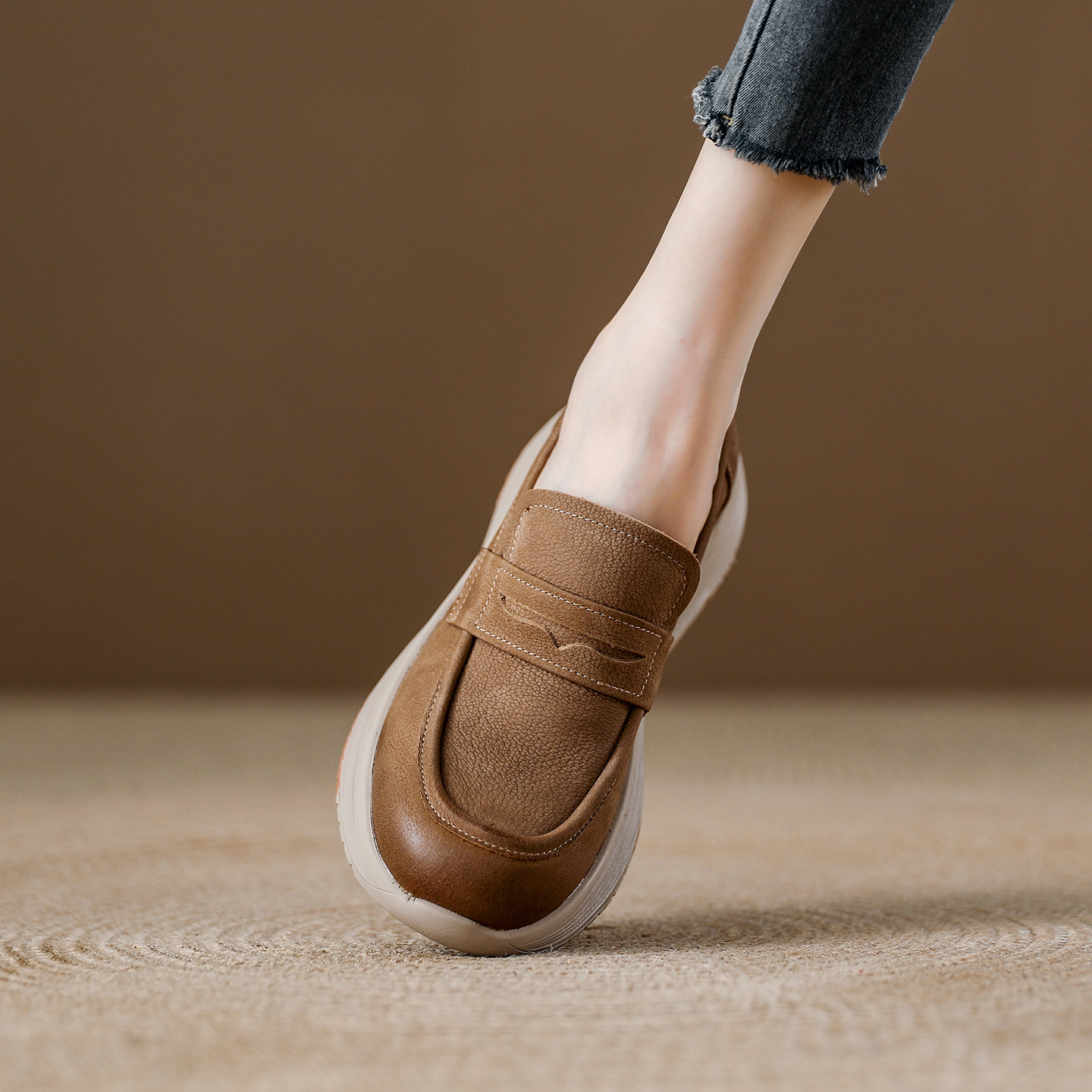 头层牛皮复古乐福鞋女2025年秋季真皮女鞋厚底时尚休闲懒人一脚蹬,女鞋,乐福鞋（豆豆鞋）,淘宝优惠券,粉丝福利购,淘宝优惠卷