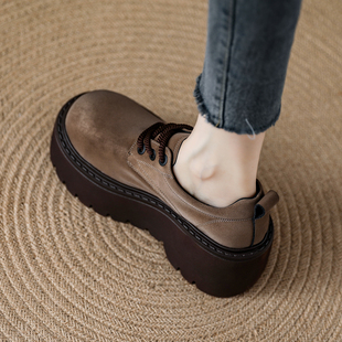 松糕厚底真皮乐福鞋女圆头系带女鞋2025秋季新款老爹鞋百搭休闲鞋