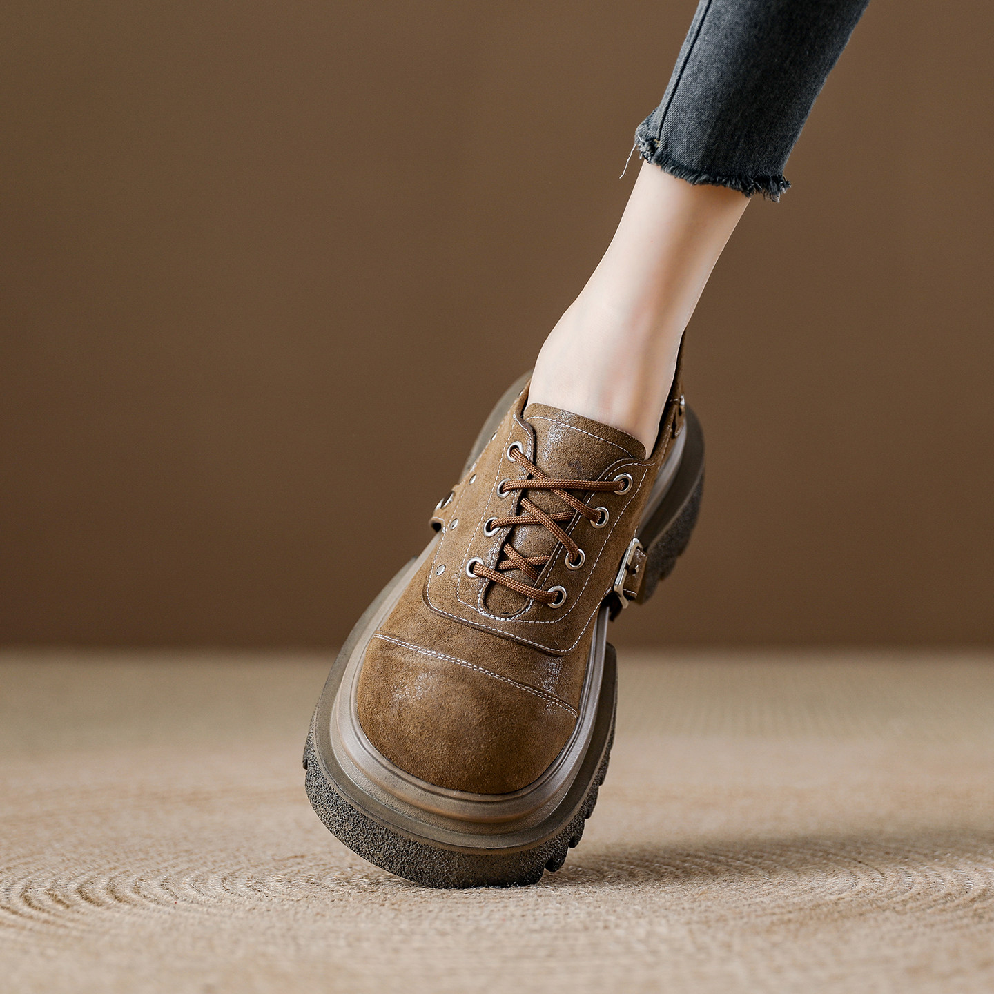 复古大头磨砂皮乐福鞋女2025春季