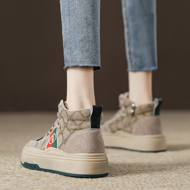 复古厚底拼色高帮鞋女加绒保暖2025秋冬新款女鞋休闲运动百搭板鞋,女鞋,高帮鞋,淘宝优惠券,粉丝福利购,淘宝优惠卷
