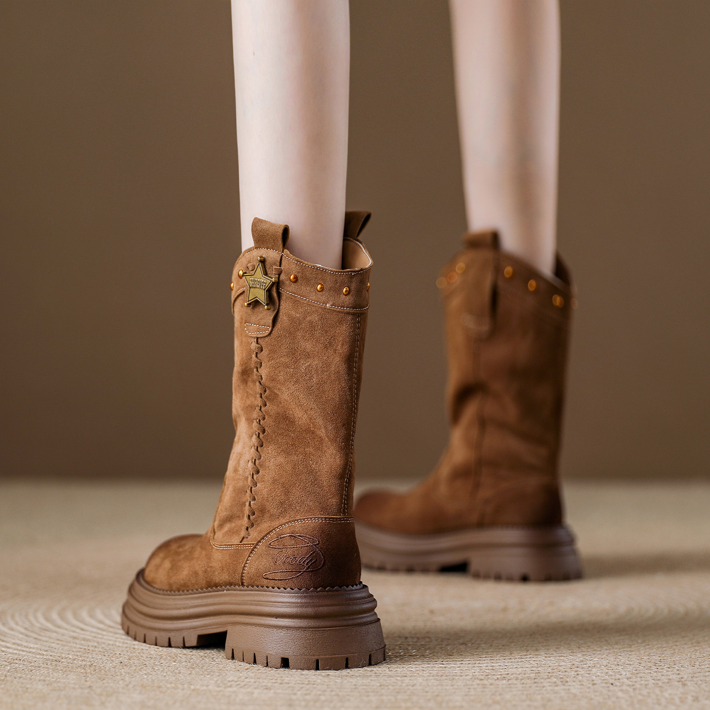 复古西部牛仔靴女2025冬季新款厚底增高软底马丁靴中筒工装短靴子,女鞋,西部靴,淘宝优惠券,粉丝福利购,淘宝优惠卷