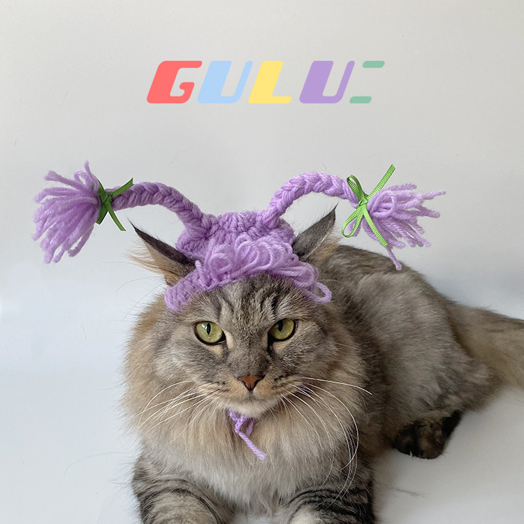 咕噜gulu:少女齐刘海手工钩针头套宠物猫狗鬼马俏皮搞怪变装帽u.