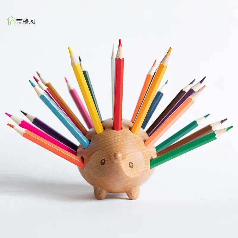 厂家实木刺猬笔插办公桌用品儿童可爱斜插式木质动物笔筒创意时尚