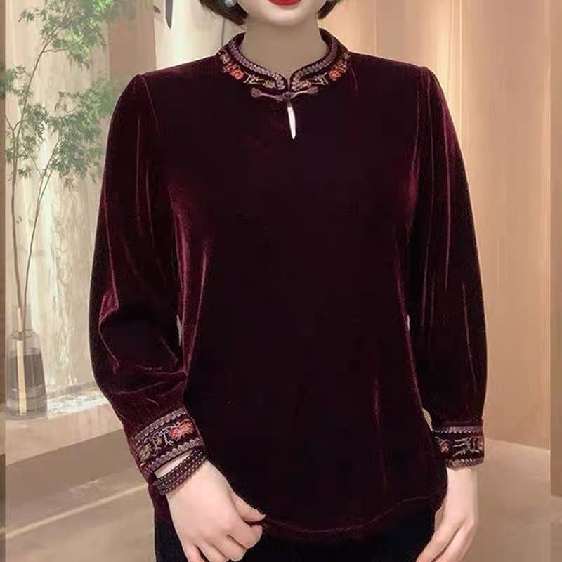 中老年妈妈洋气小衫中式新款刺绣立领遮肚上衣长袖秋冬时尚打底