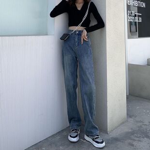 ins 高腰宽松直筒显瘦垂感拖地长裤 复古阔腿牛仔裤 女2025春秋季