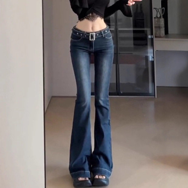【韩牛】冬季显高显瘦弹力送腰带低腰修身复古港风微喇叭牛仔裤女