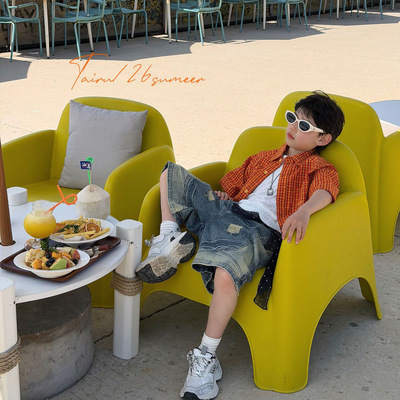 泰如2026夏季新款儿童韩版休闲格子衬衫男童时尚休闲设计感半袖潮