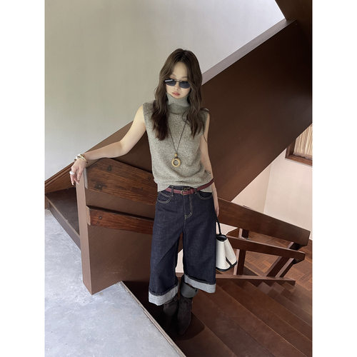 IC复古高级感阔腿七分裤女翻边牛仔裤十三行秋季新款10999
