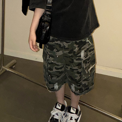 男童迷彩短裤2026夏季批发儿童工装中裤韩版割破泼油漆重工裤子潮