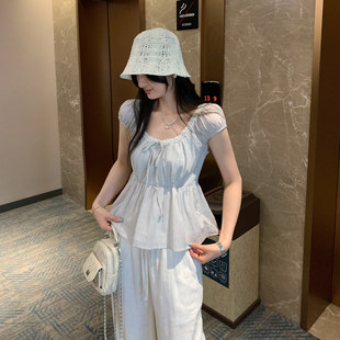 温柔甜美风条纹蕾丝衬衫女夏宽松圆领短袖通勤上衣