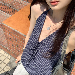 炸街独特漂亮小吊带挂脖无袖格纹背心女夏季2026新款系带外穿上衣