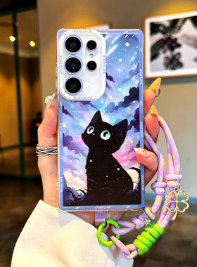 适用三星S25Eege涂鸦猫咩软壳S24Ultra时尚S23PLUS超可爱S22创意带四叶草手绳S21 FE新款卡通小众S20防摔新款