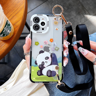 适用于苹果16promax手机壳夏新款 11腕带XR小众XSMAX全包 2025熊猫iPhone16卡通可爱15plus软壳14挂绳13透明12