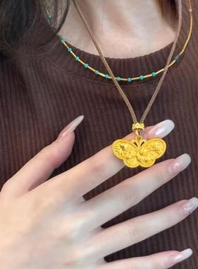錾刻蝴蝶吊坠彷真黄金庄周梦蝶项炼手工镀金毛衣炼送女友轻奢高级