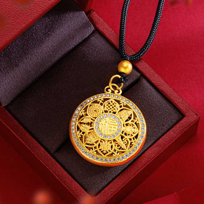 越南沙金八宝罗盘项链男女款镶钻镂空吊坠黄金色编绳福牌毛衣链