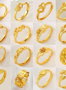 开口可调节沙金戒指仿真金女款ins小众高级皇冠结婚男情侣手饰品