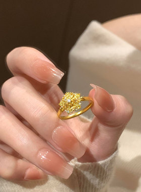 超闪新中式五角星雪花沙金戒指女黄金色小众食指戒结婚道具金戒指