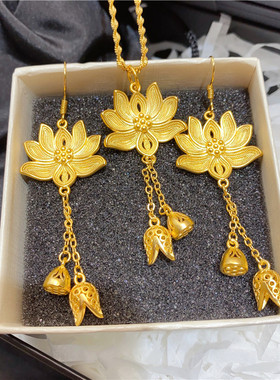 金莲花新中式古法金色流苏莲花吊坠项链女结婚三金首饰不掉色沙金