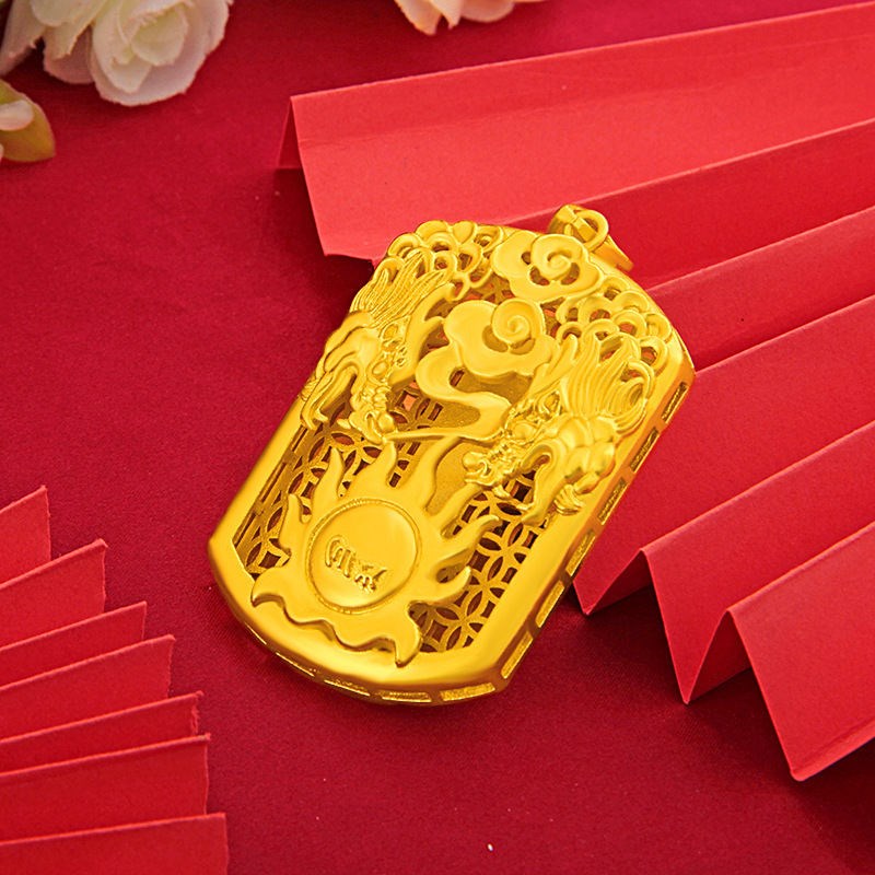 正品越南沙金双龙吊坠男士霸气太阳项坠仿真金色首饰男士项链气质