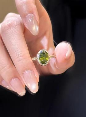 橄榄绿色锆石水晶戒指女2025新款开口指戒设计小众指环轻奢高级感