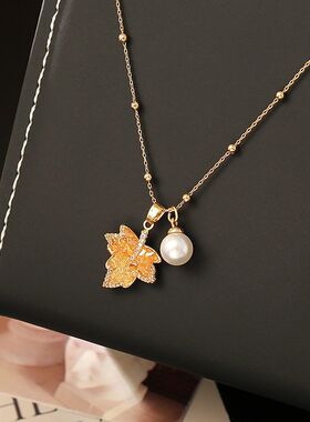 复古渐变水晶枫叶珍珠超闪项链轻奢高级感小众设计精致时尚锁骨链