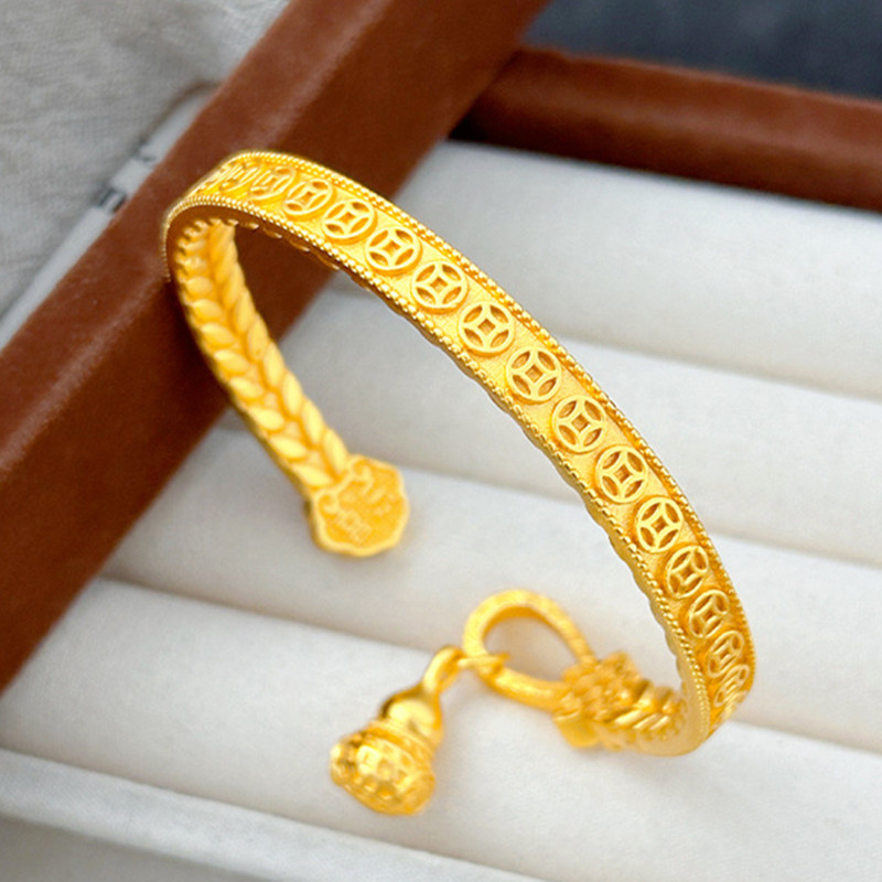 新款沙金手镯新中式国潮风古法金设计感平安金钱葫芦开口手镯