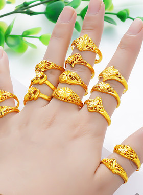 越南沙金戒指女款仿黄金色戒子活口可调节时尚镀金色饰品久不褪色