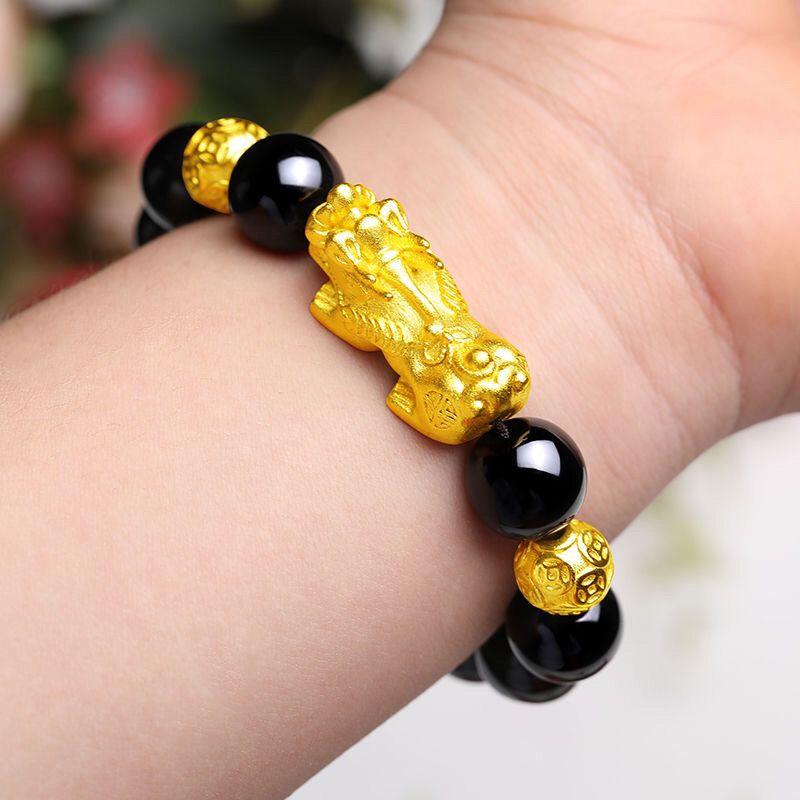 越南沙金貔貅手炼男女士久不掉色镀金黑曜石招财厚金情侣手串正品