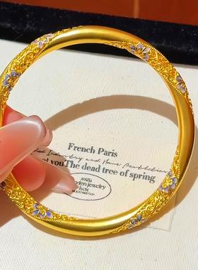 青花瓷繁花似锦沙金手镯女款轻奢小众高级感黄金色手环宫廷风首饰