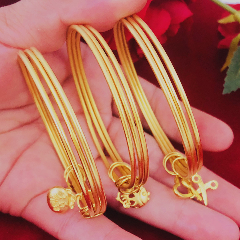 时尚细砂大圆圈线圈手镯韩版仿金沙金镀金潮女三环铃铛手环不掉色