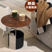 马鞍皮手提小茶几中古风实木沙发移动床头小边几角几客厅边桌简约