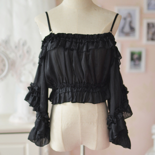 2025新款黯雪织梦银丝雪纺可爱一字领荷叶边姬袖内搭黑白双色预约