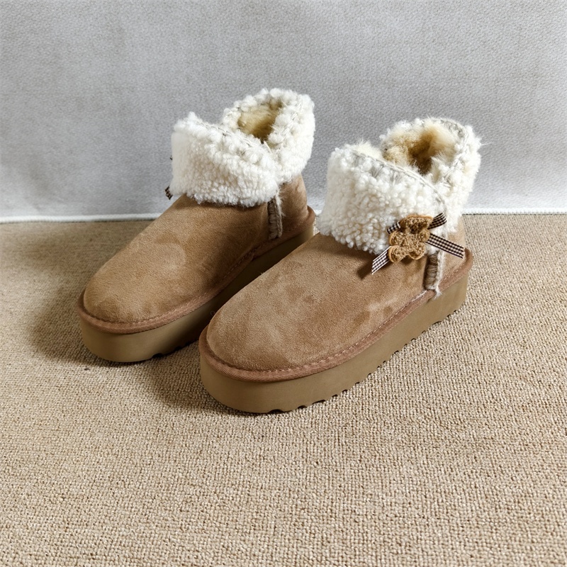 外贸羊皮毛一体雪地靴女2025新款厚底增高蝴蝶结小熊保暖棉鞋短靴