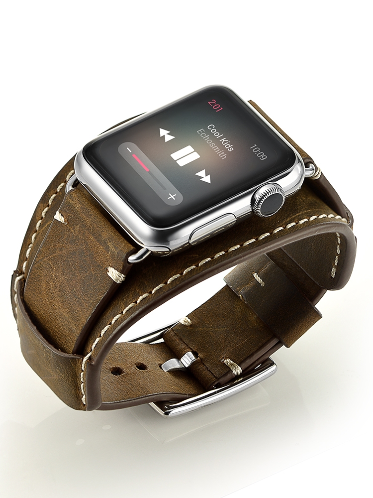 适用apple watch4 5 6 7 8 9 10代苹果手表带iwatch9手表ultra2真皮表带牛皮SE腕带series s10表带手镯款潮男