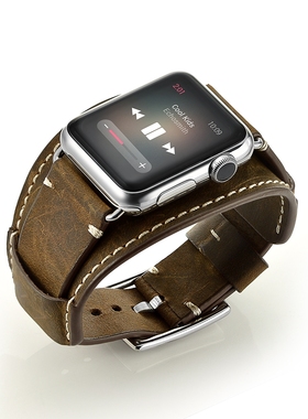 适用apple watch4 5 6 7 8 9 10代苹果手表带iwatch9手表ultra2真皮表带牛皮SE腕带series s10表带手镯款潮男