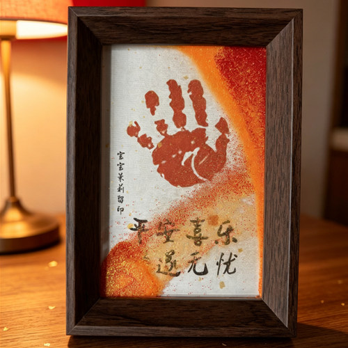 满月手印纪念品流沙相框装裱百天手脚印家庭装饰周岁摆件氛围感