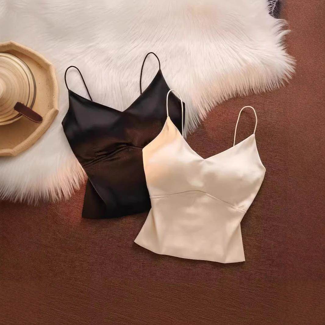 网红吊带背心女夏带胸垫性感短款缎面抹胸高级感西装内搭打底上衣