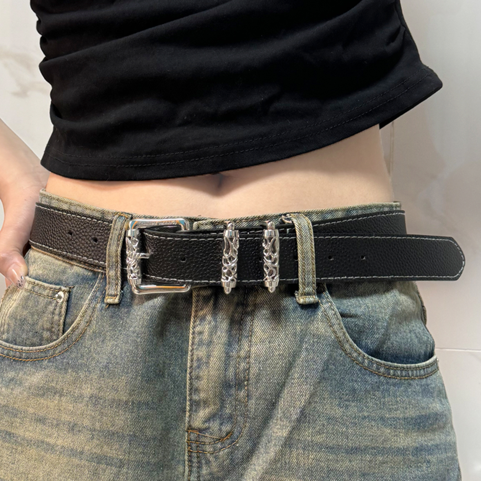 潮流滚轮镂空藤蔓款腰带黑色百搭