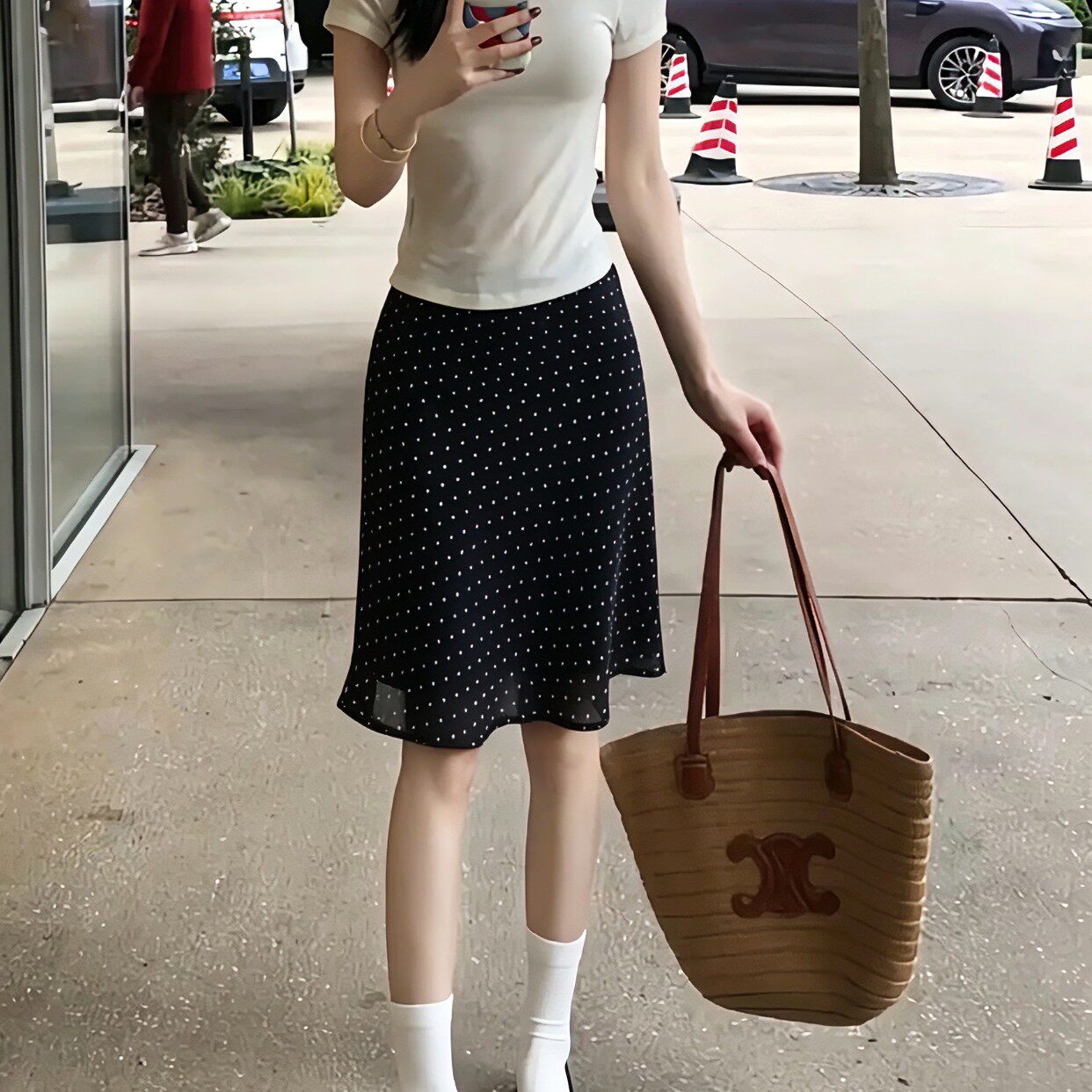 黑色波点半身裙女夏高腰