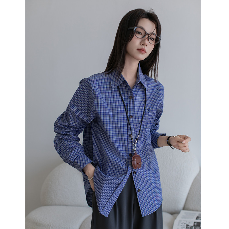 miu系蓝色格子衬衫上衣女