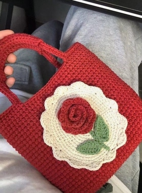 [成品]复古玫瑰手机包编织diy手工毛线钩针山茶花包手提包零钱包