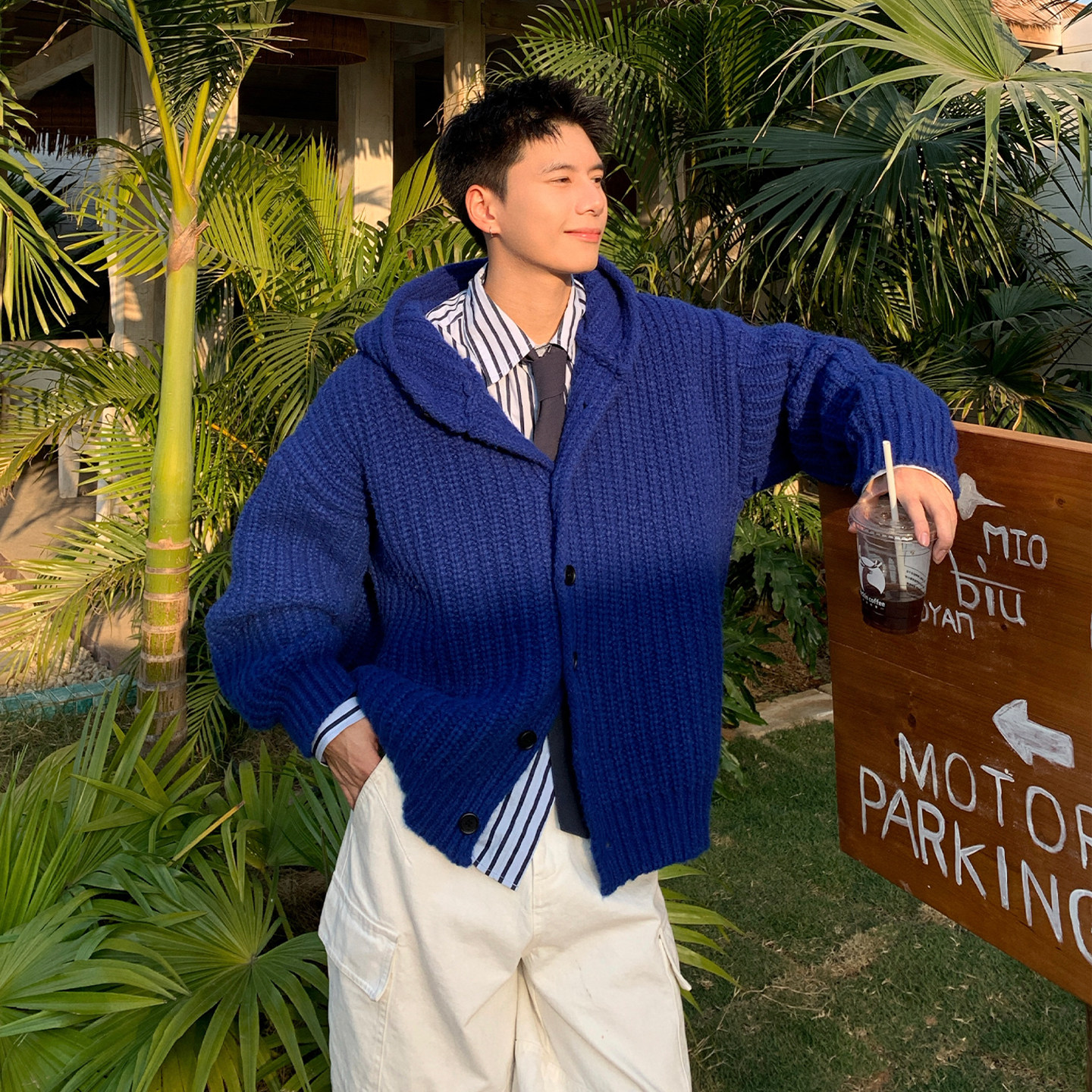 Holocene美式潮牌高级感克莱因蓝小众连帽重磅针织衫保暖毛衣外套