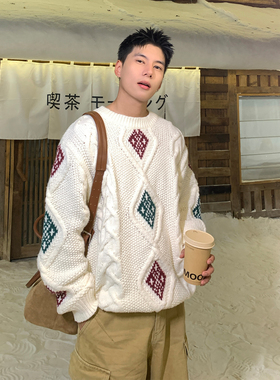 Holocene美式潮牌秋冬圆领菱格撞色麻花毛衣男慵懒风套头针织衫男