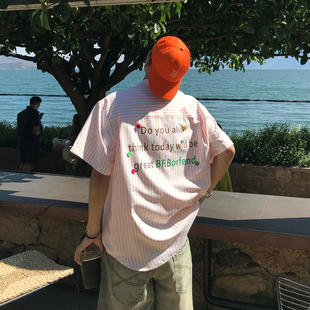 高街百搭休闲翻领彩色纽扣情侣衬衣 衬衫 Holocene美式 潮牌条纹短袖