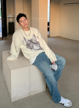 Holocene美式潮牌复古痞帅中性针织衫情侣猫咪提花设计感圆领毛衣